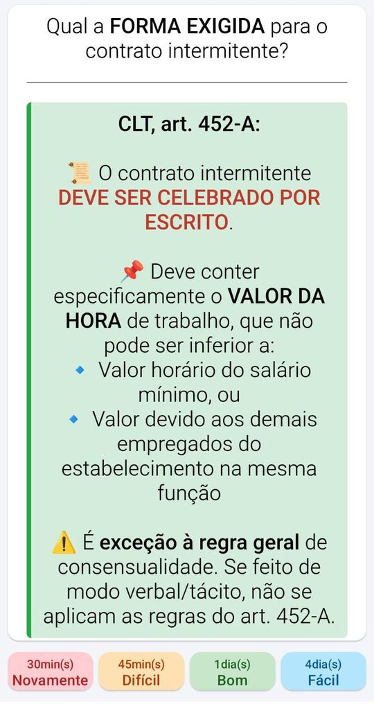Exemplo de flashcard de Direito do Trabalho